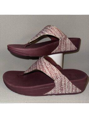 FitFlop Lulu Shimmerweave Toe-Post Maroon Beige Gold Wedge Sandals Size 8